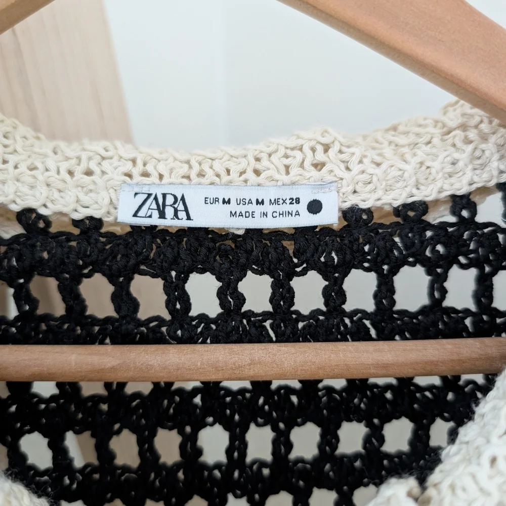 Zara Crochet Open Knit Striped Collared Henley Top In Black/Ivory
